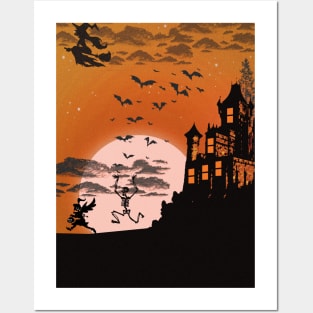 Orange Halloween Silhouette Illustration Posters and Art